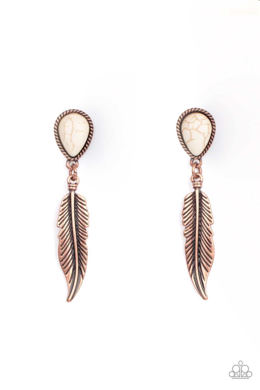 A lifelike copper feather charm swings from the bottom of a white stone teardrop, coalescing into a tranquil lure. Earring attaches to a standard post fitting.