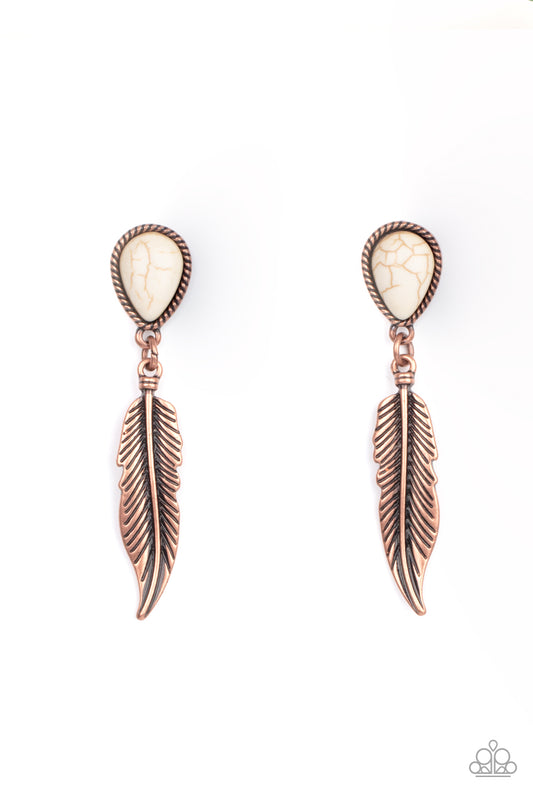 A lifelike copper feather charm swings from the bottom of a white stone teardrop, coalescing into a tranquil lure. Earring attaches to a standard post fitting.