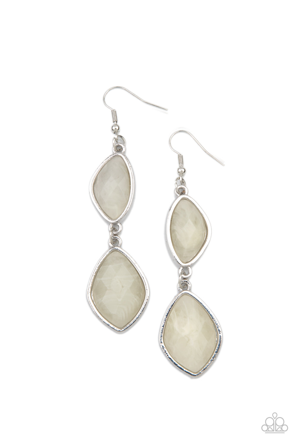 Featuring shimmery faceted surfaces, cloudy faux stone beads are pressed into sleek silver frames that link into a whimsically refined lure. Earring attaches to a standard fishhook fitting.