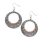 Dotted in a row of dainty orange beads, a radiant sunburst pattern is stamped across a silver hoop for a colorfully seasonal look. Earring attaches to a standard fishhook fitting.