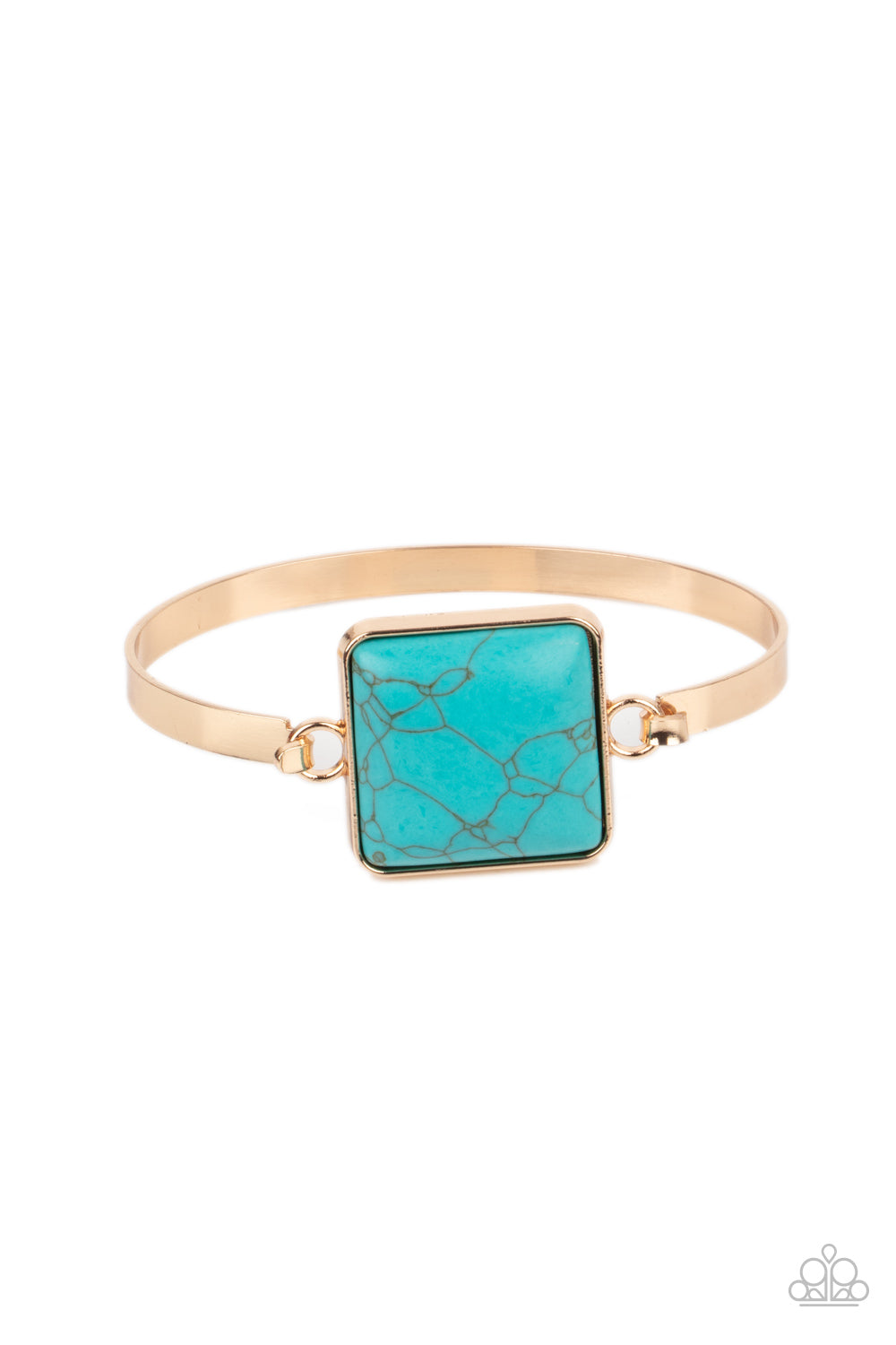 A square turquoise stone frame links with one side of a shiny gold cuff, while the other side of the classic frame hinges to the other side, creating a versatile fit. Features a hinged closure.