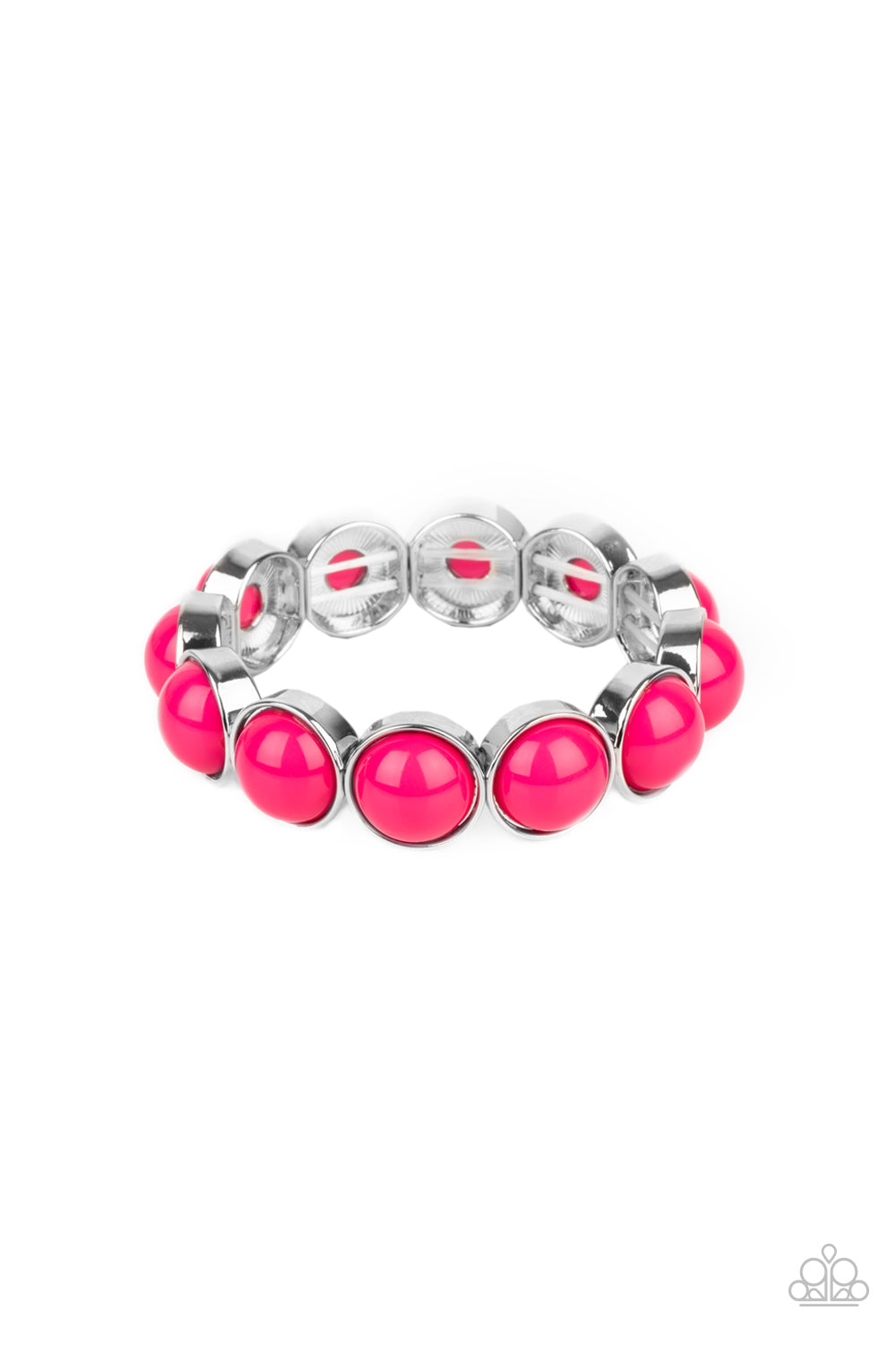 Featuring flamboyant pink beaded centers, bubbly silver frames are threaded along stretchy bands around the wrist for a powerful pop of color.