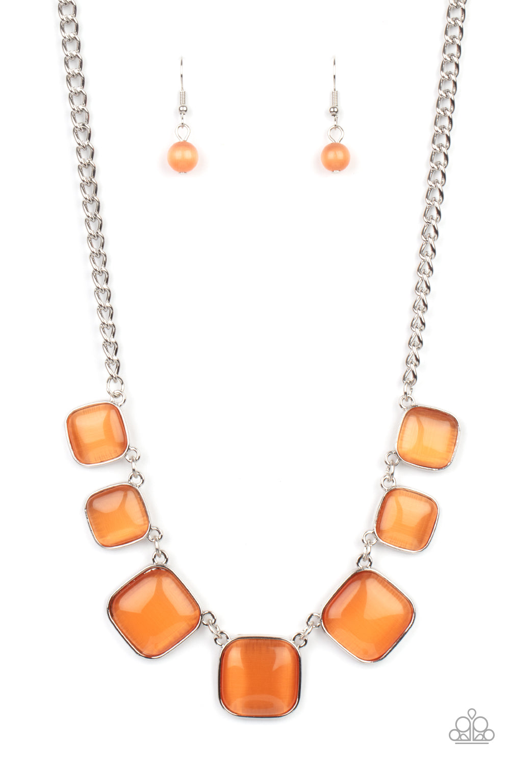 Encased in square silver fittings, a dewy collection of orange cat's eye stones gradually increase in size as they link below the collar for a whimsical pop of color. Features an adjustable clasp closure.