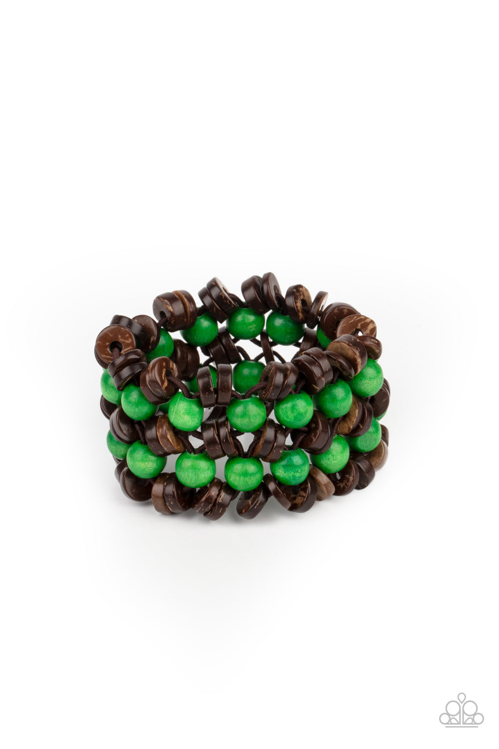 Rows of green wooden beads and brown wooden discs are threaded along stretchy bands that decoratively weave around the wrist, creating a tropical inspired statement piece.