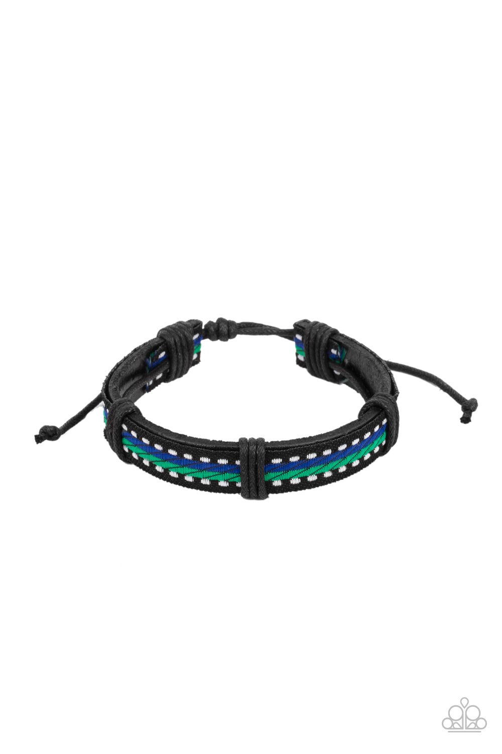 Featuring blue, green, and white thread, a decorative textile is knotted in place across the front of a dainty black leather band for an adventurous look. Features an adjustable sliding knot closure.