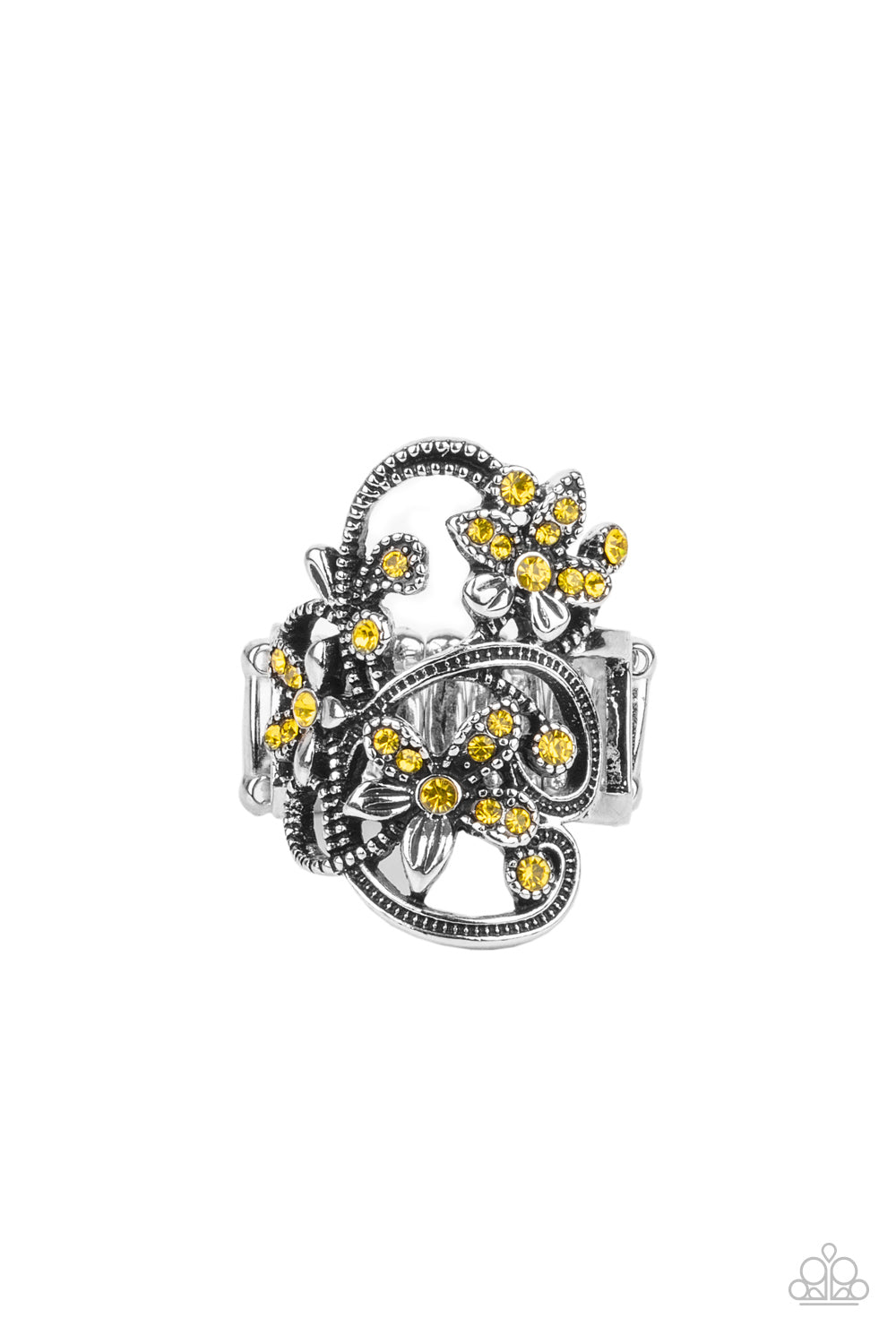 Dotted with dainty yellow rhinestone centers, antiqued silver floral frames bloom across a studded backdrop for a sparkly seasonal look. Features a stretchy band for a flexible fit.