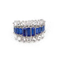 Flanked between two sparkly rows of stunning white rhinestones, a row of glittery blue emerald cut rhinestones gradually increase in size at the center for a dramatically stacked look across the finger. Features a stretchy band for a flexible fit.