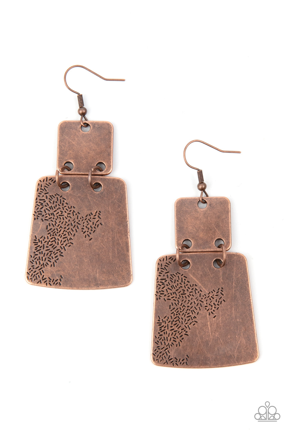 Stamped in an abstract pattern, a flared copper plate links to the bottom of a square copper frame, creating a rustic lure. Earring attaches to a standard fishhook fitting.