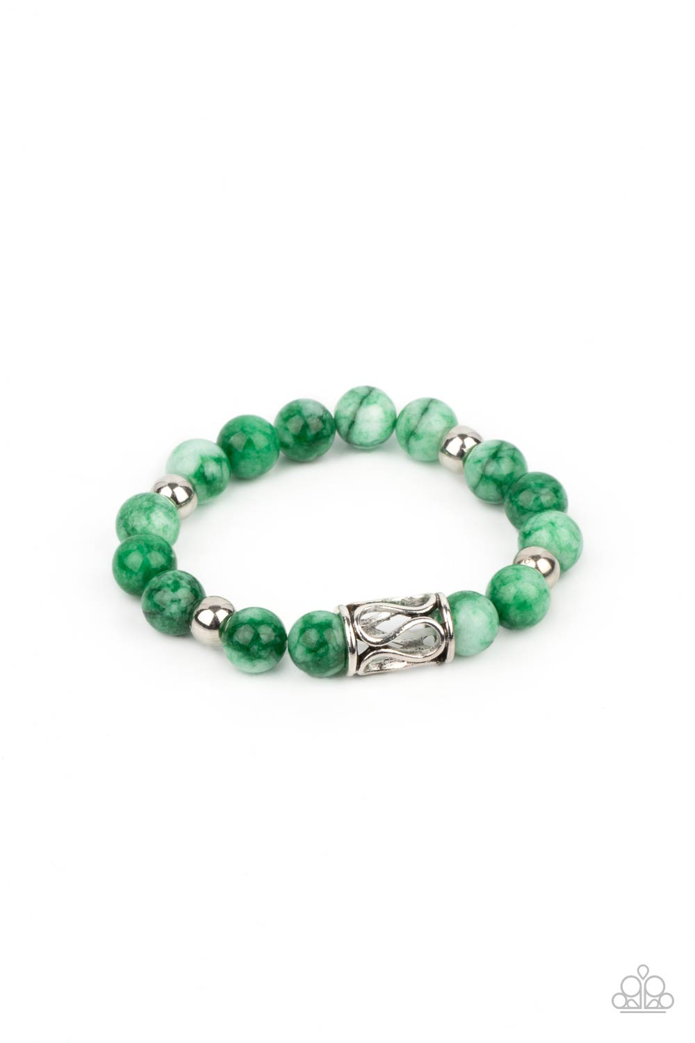 Infused with an ornate silver centerpiece, an earthy collection of silver and jade beads are threaded along a stretchy band around the wrist for a seasonal flair.