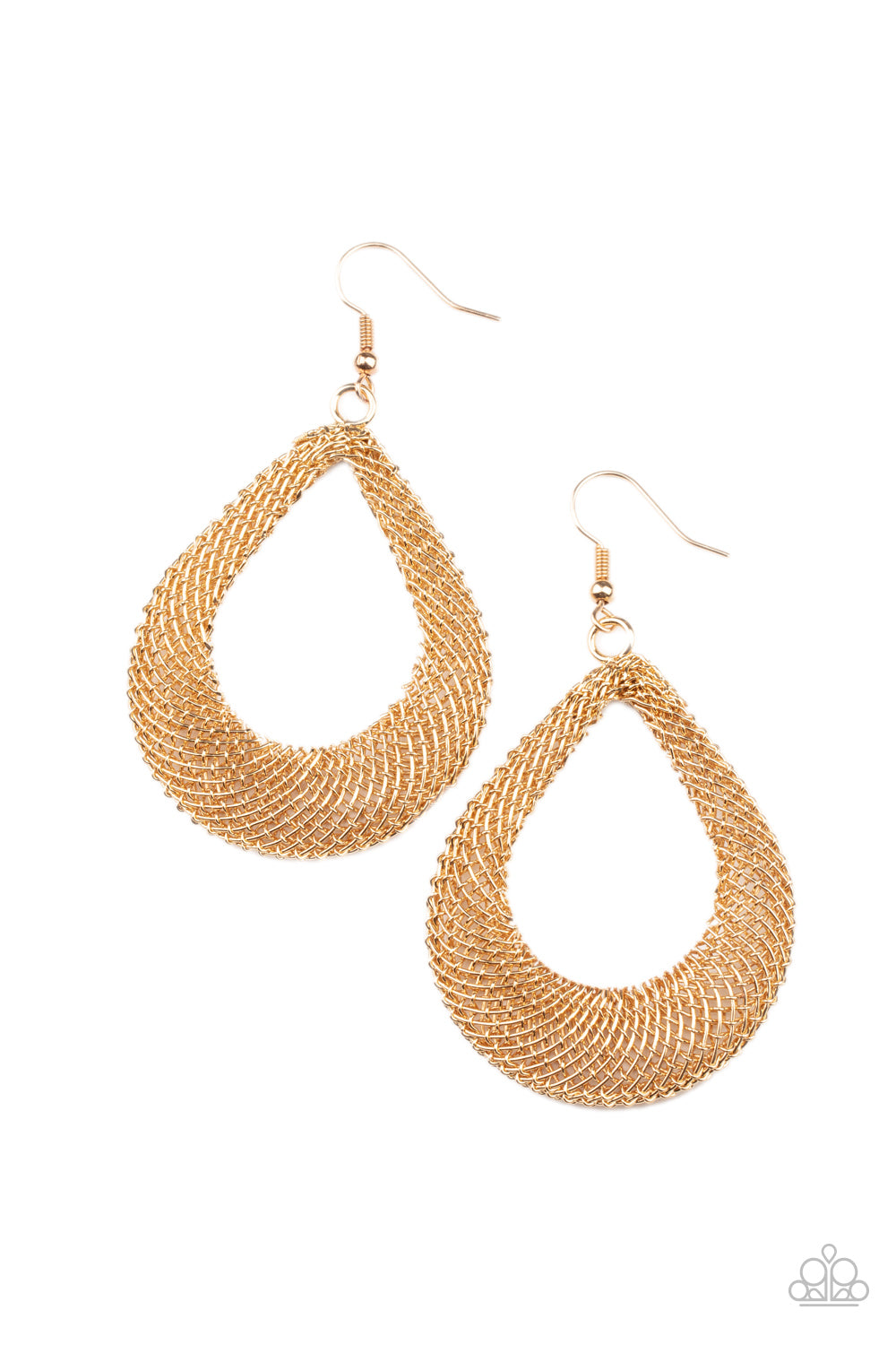 Mesh-like gold chain frames delicately attach into a 3-dimensional teardrop, creating an intense industrial display. Earring attaches to a standard fishhook fitting.