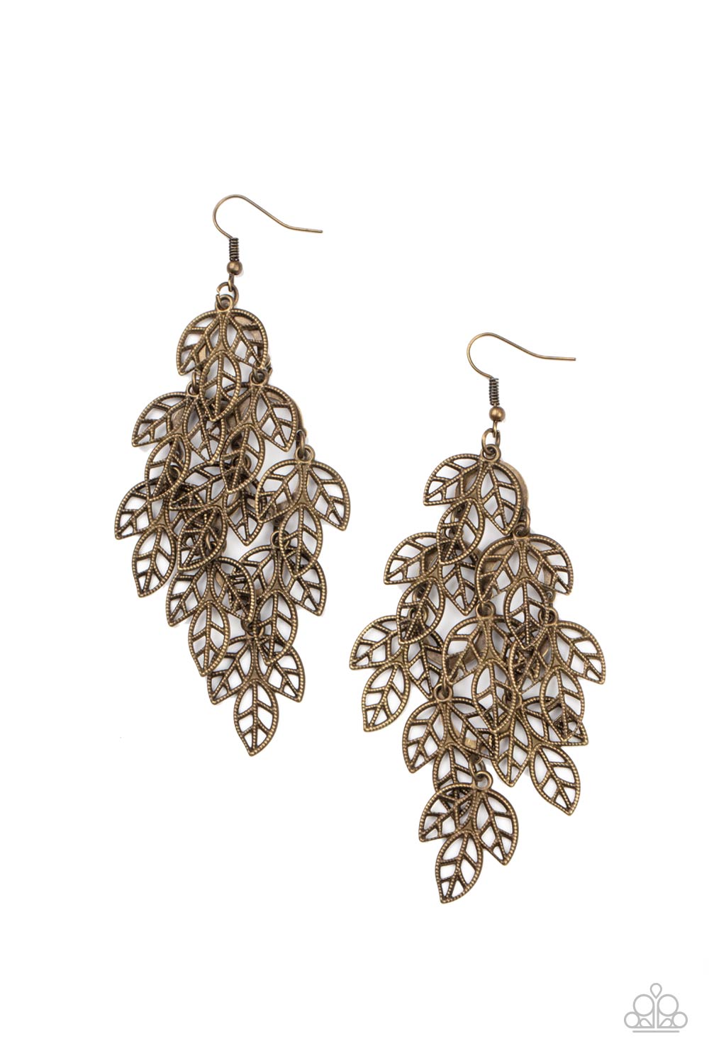 Brushed in a rustic finish, trios of brass leaves cascade from a metallic netted backdrop, creating a seasonal tassel. Earring attaches to a standard fishhook fitting