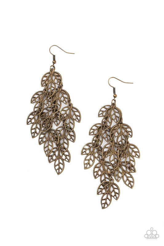 Brushed in a rustic finish, trios of brass leaves cascade from a metallic netted backdrop, creating a seasonal tassel. Earring attaches to a standard fishhook fitting