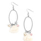 A dainty white shell, glassy pink cat's eye stone bead, and timeless white pearl glide along the bottom of an airy silver oval frame, creating a beach inspired tassel. Earring attaches to a standard fishhook fitting.