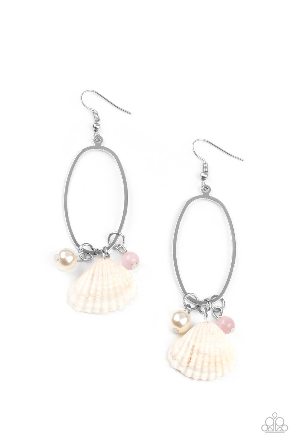 A dainty white shell, glassy pink cat's eye stone bead, and timeless white pearl glide along the bottom of an airy silver oval frame, creating a beach inspired tassel. Earring attaches to a standard fishhook fitting.