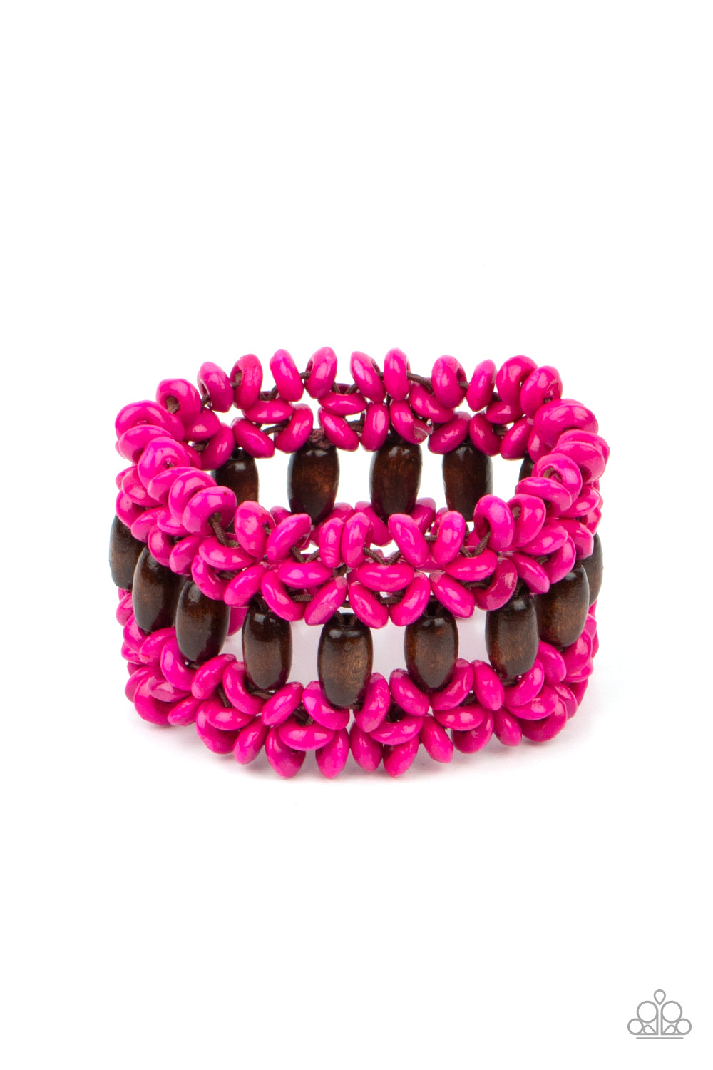 Pink wooden discs and brown wooden beads are threaded along braided stretchy bands around the wrist, creating a colorful tropical display.