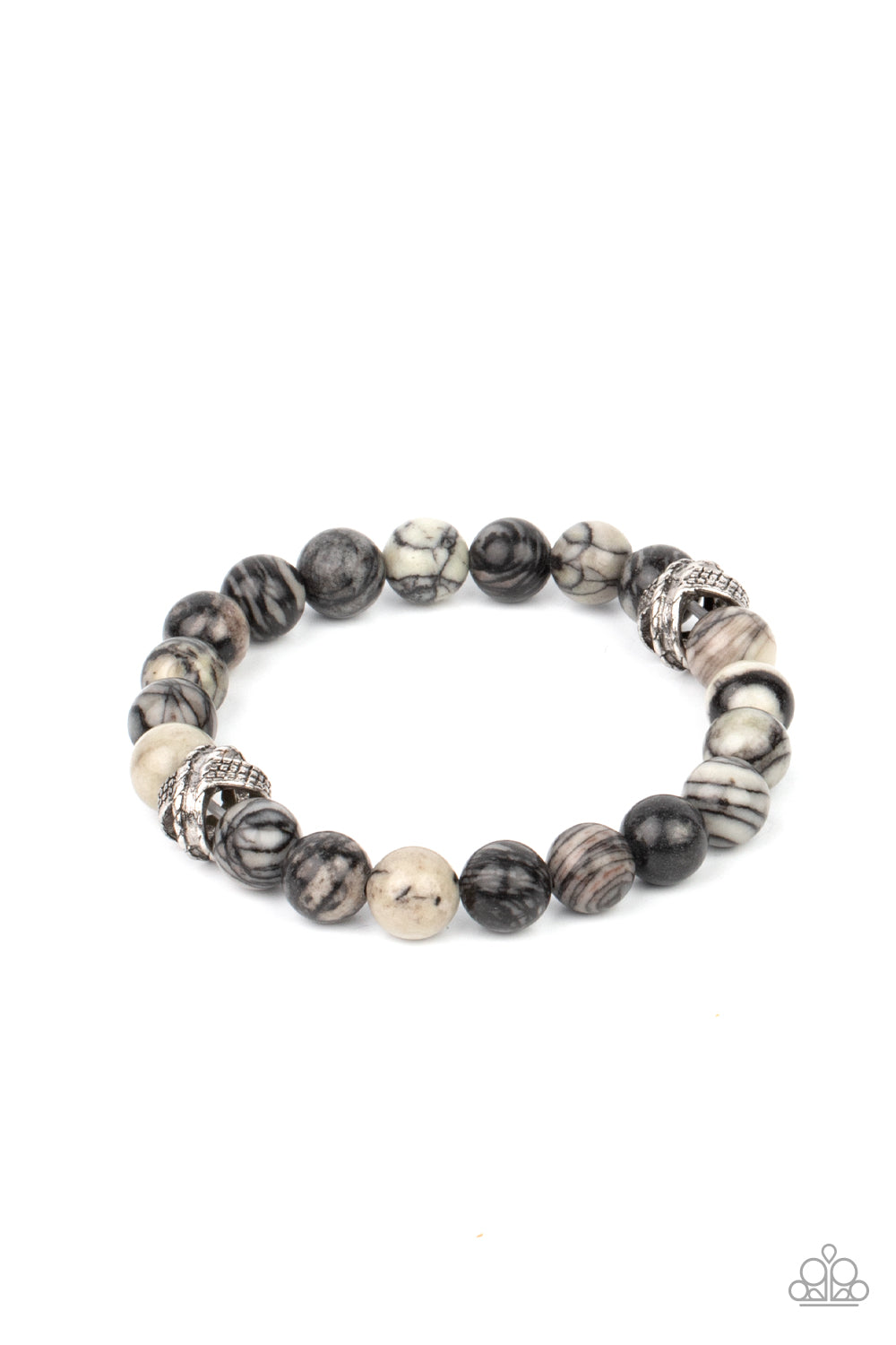 Infused with textured silver accents, an earthy collection of swirling black and white stones are threaded along a stretchy band around the wrist for a seasonal fashion.