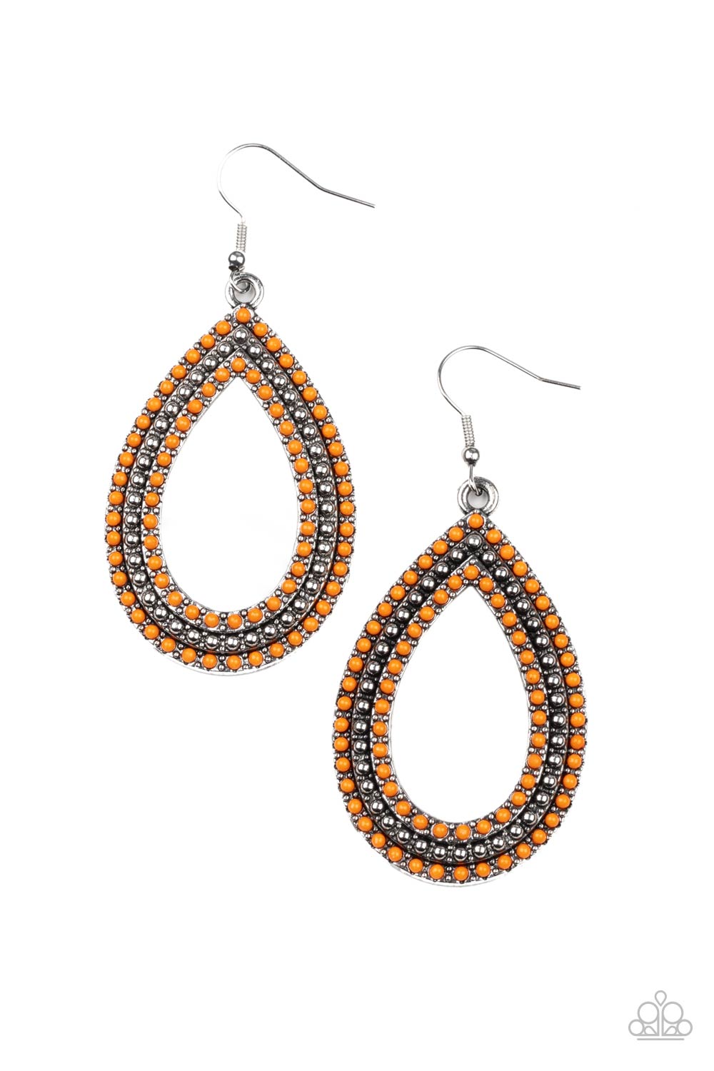 Two rows of dainty orange seed beads flank a center row of silver studs across the front of a silver teardrop frame, coalescing into a colorful lure. Earring attaches to a standard fishhook fitting