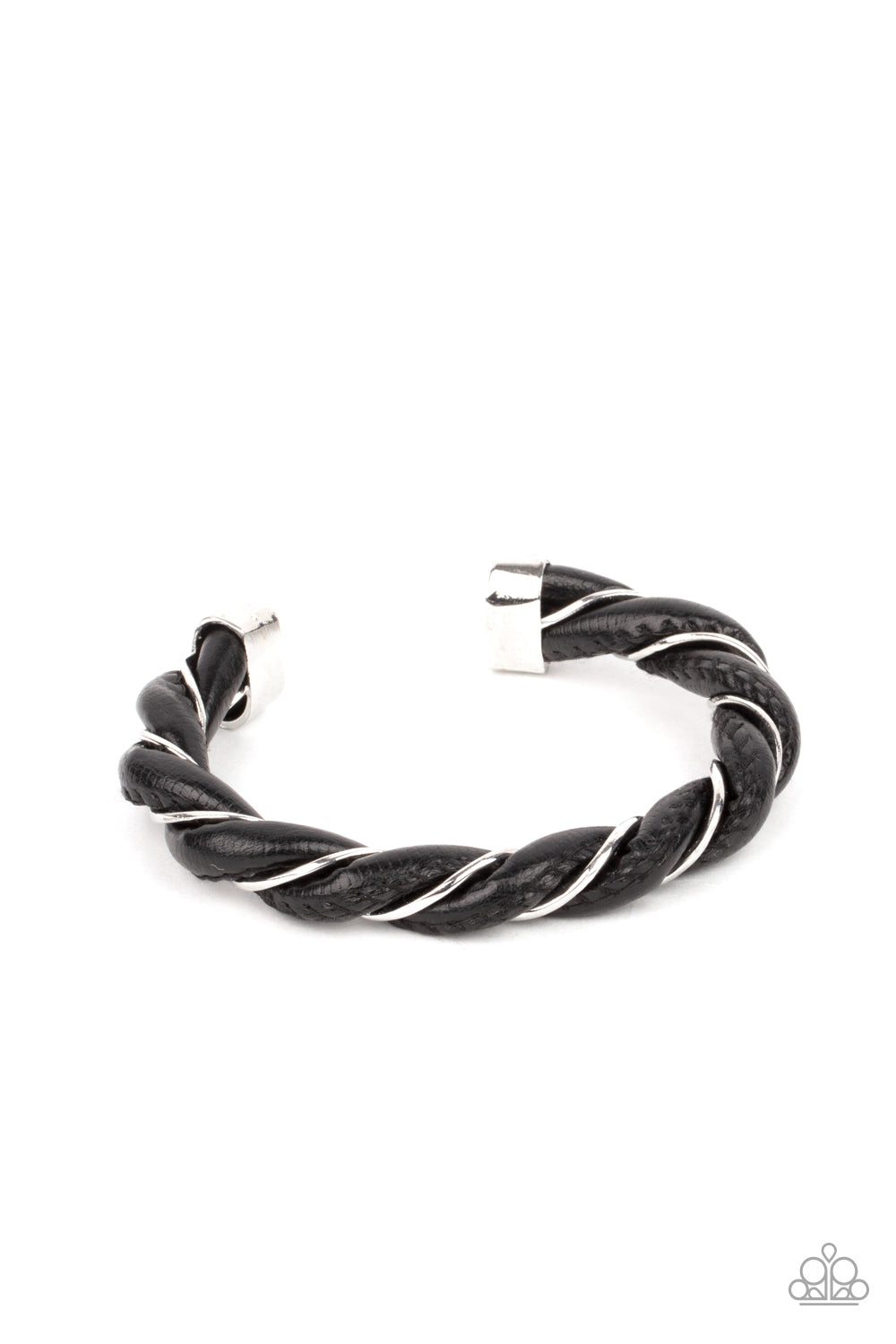 Capped in bold silver fittings, a dainty silver wire and a black leathery cord spin into an edgy cuff around the wrist.