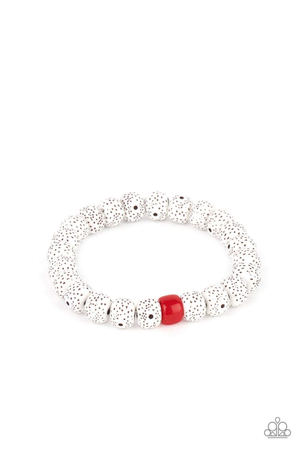 Featuring a fiery red beaded centerpiece, a collection of dotted faux stone beads are threaded along a stretchy band around the wrist for an earthy effect.