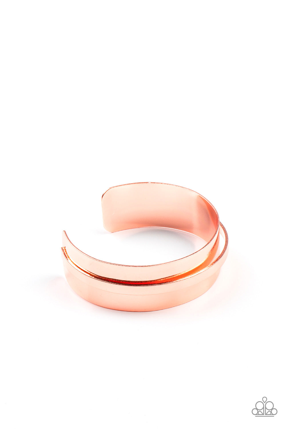 A flat shiny copper bar curves around the center of a thick shiny copper cuff, creating a chic stacked look.