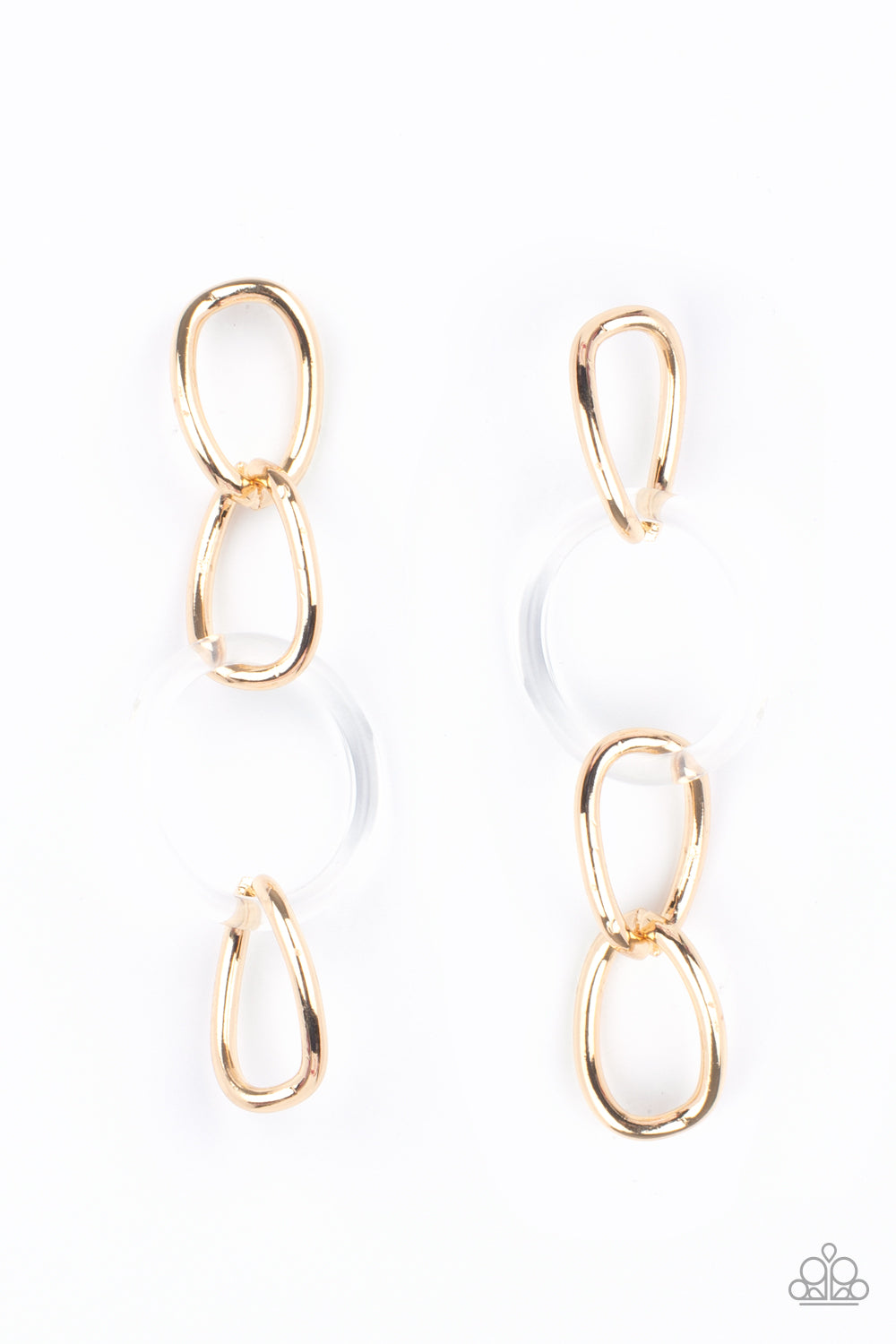 Bright gold oversized links, interrupted by a single large clear acrylic ring, fall from the ear in linked succession for an on-trend fashion statement. Earring attaches to a standard post fitting.