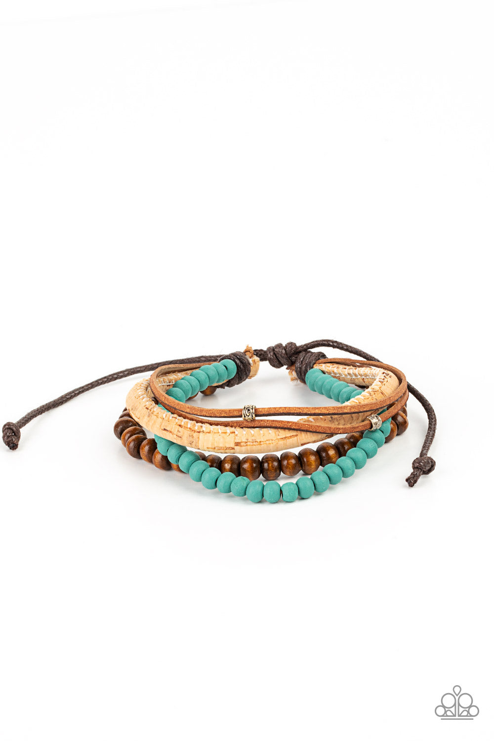 Featuring a strand of turquoise wooden beads, a collection of earthy strands of cork, leather, and wood, comes together for a simple handmade feel as it stacks up the wrist. Features an adjustable sliding knot closure.