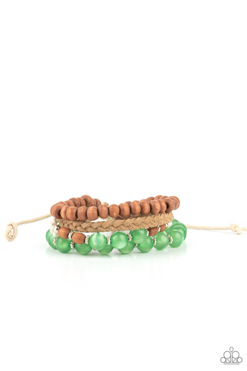 Strands of glassy green cat's eye beads stand out in an earthy collection of wooden beads and braided twine, giving a polished flair to the natural homespun look as it stacks up the wrist. Features an adjustable sliding knot closure.