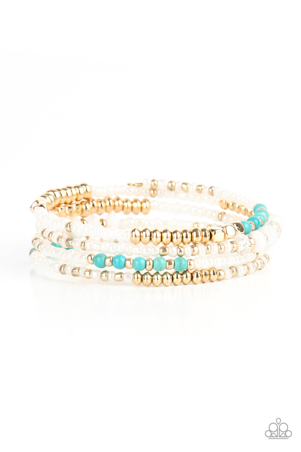 Sections of pearly white seed beads alternate with gold, turquoise, and crystal-like beads in infinite rows. The dreamy colors are threaded along a continuous strand of wire for an infinity wrap-style bracelet around the wrist.