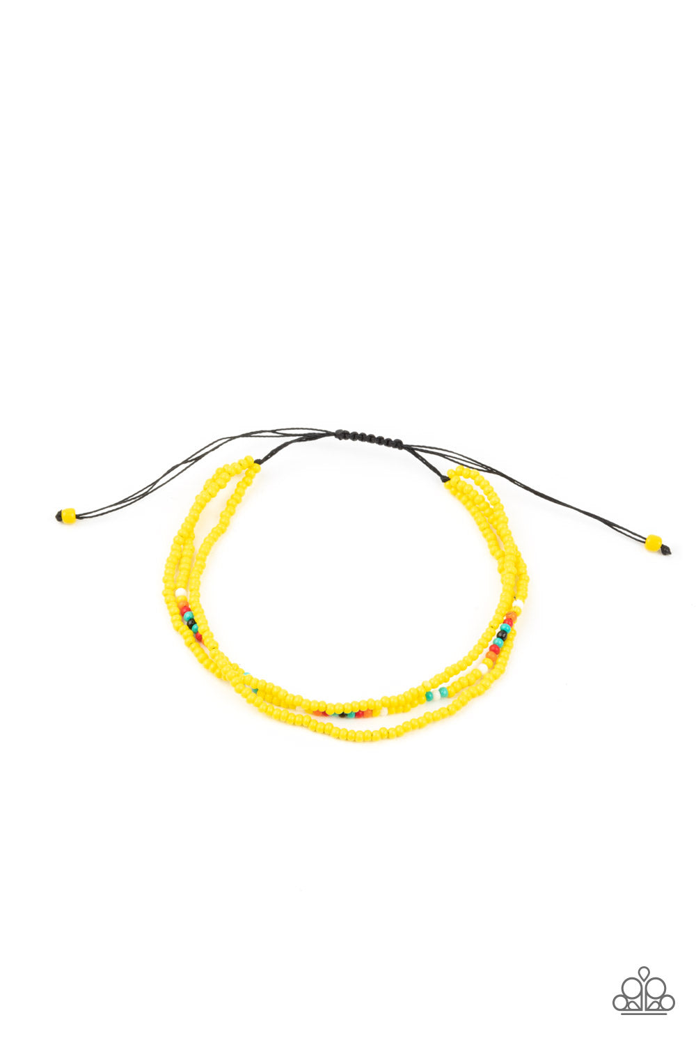 Two strands of dainty Illuminating seed beads, highlighted with a strand of brightly colored beads, form a simple accent around the wrist. Features an adjustable sliding knot closure.