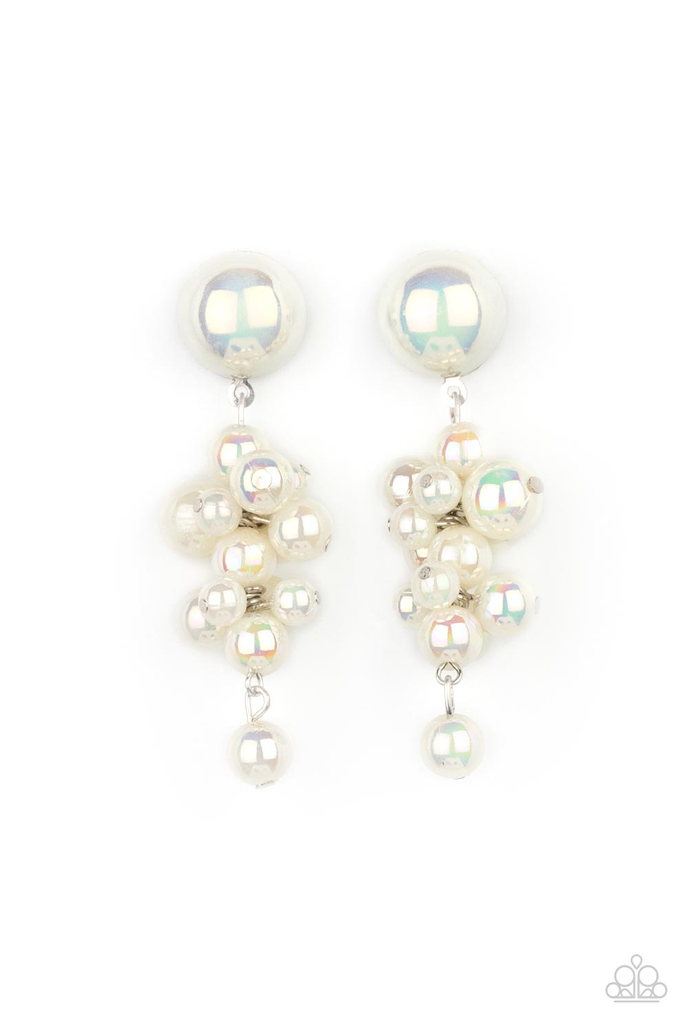 Featuring an iridescent shimmer, a bubbly collection of white pearls delicately cluster at the bottom of a matching half pearl fitting for an effervescently flirty look. Earring attaches to a standard post fitting.