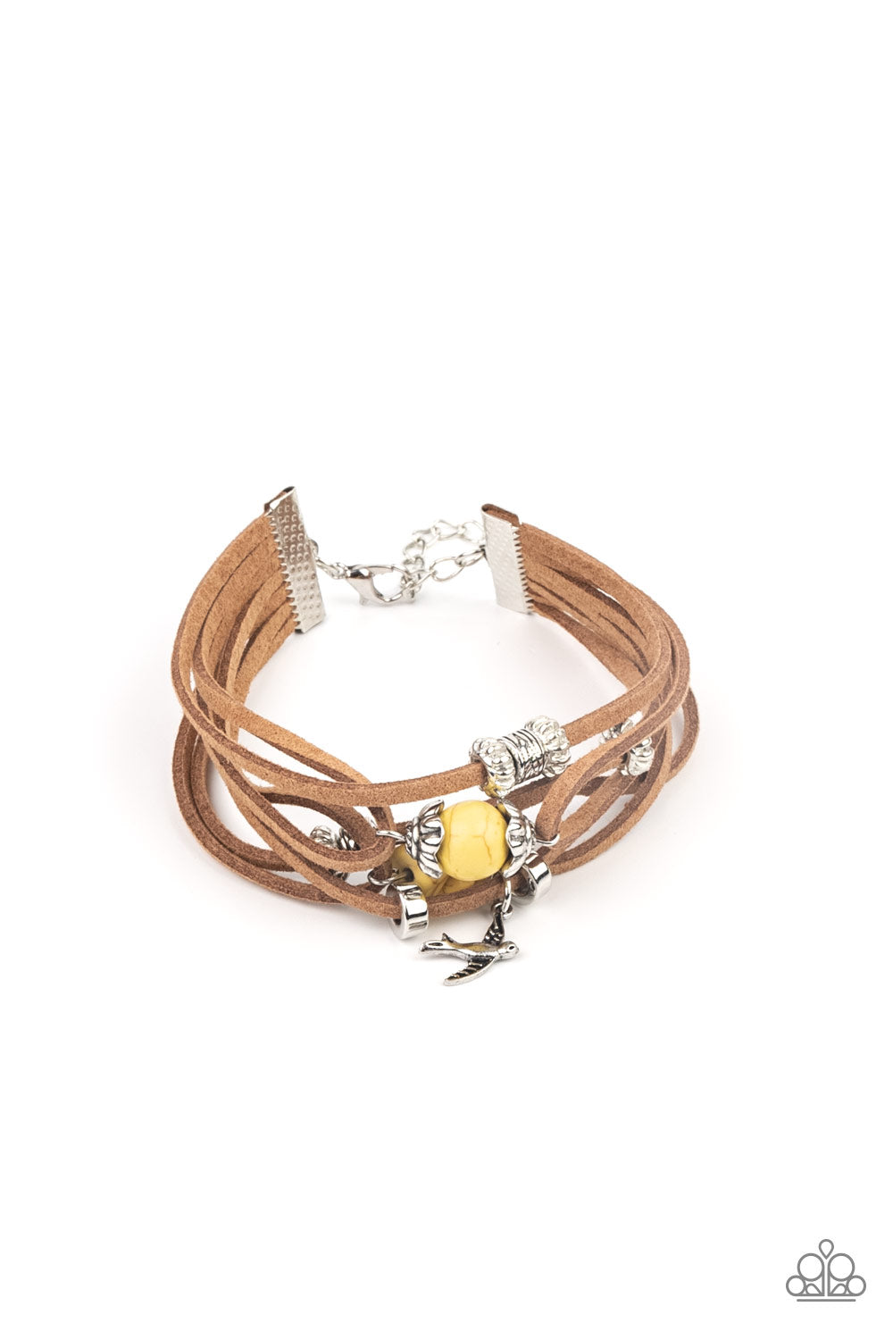 Infused with a dainty silver bird charm, dainty strands of brown suede are adorned in mismatched silver accents and yellow stones for an earthy layered look. Features an adjustable clasp closure.