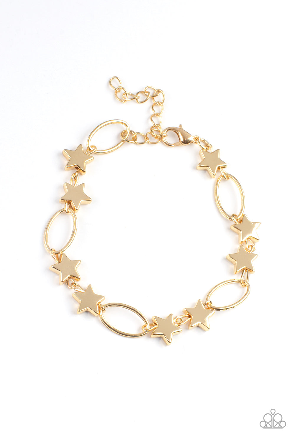 Dainty gold stars and airy gold ovals delicately link around the wrist, creating a stellar 4th of July display. Features an adjustable clasp closure.