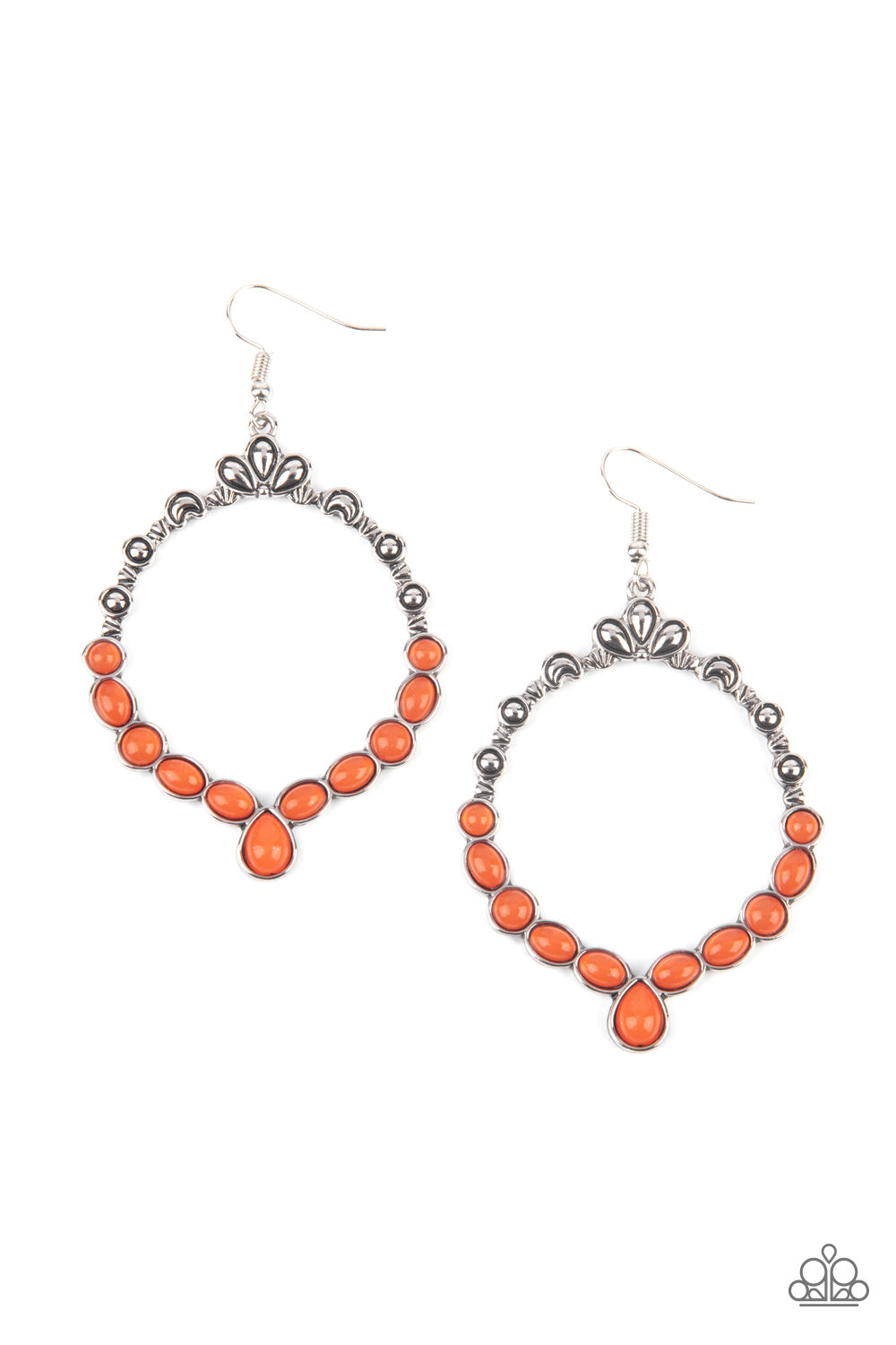 Ornate floral motifs decorate the top half of an airy circular silver frame. A row of dewy orange oval and round beads creates a border along the lower half of the frame, culminating in a single teardrop accent for a demurely enchanting lure. Earring attaches to a standard fishhook fitting.