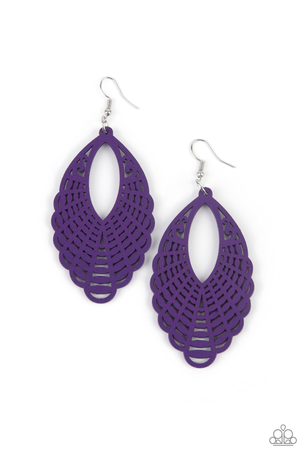 Painted in a vibrant purple finish, a wooden marquise-shaped frame features a mandala-inspired cut-out design creating a dreamy lure that calls to the wanderlust adventure seeker. Earring attaches to a standard fishhook fitting.