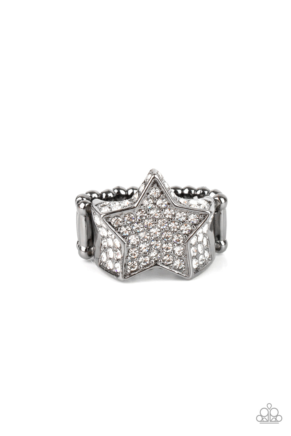 Encrusted in glittery white rhinestones, a sparkly gunmetal star joins with a thick band of blinding white rhinestones. The edges of the star are embellished in additional white rhinestones, creating a stellar centerpiece atop the finger. Features a stretchy band for a flexible fit.
