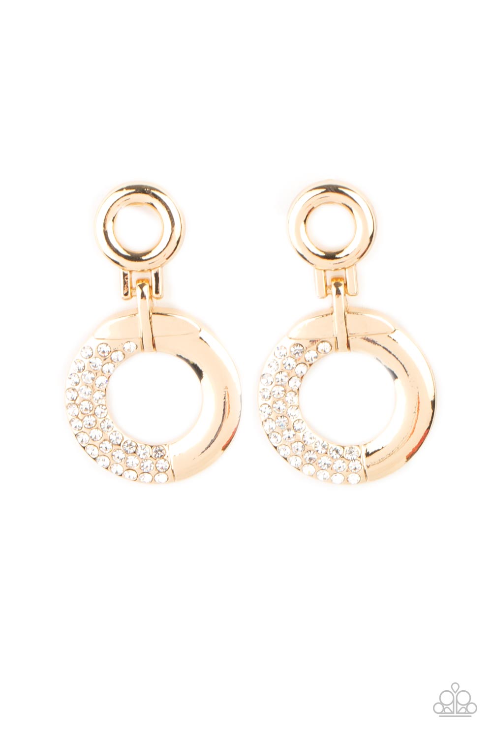 A dainty gold hoop attaches to a shimmery gold ring that is half dipped in glassy white rhinestones, creating a modern look. Earring attaches to a standard post fitting.
