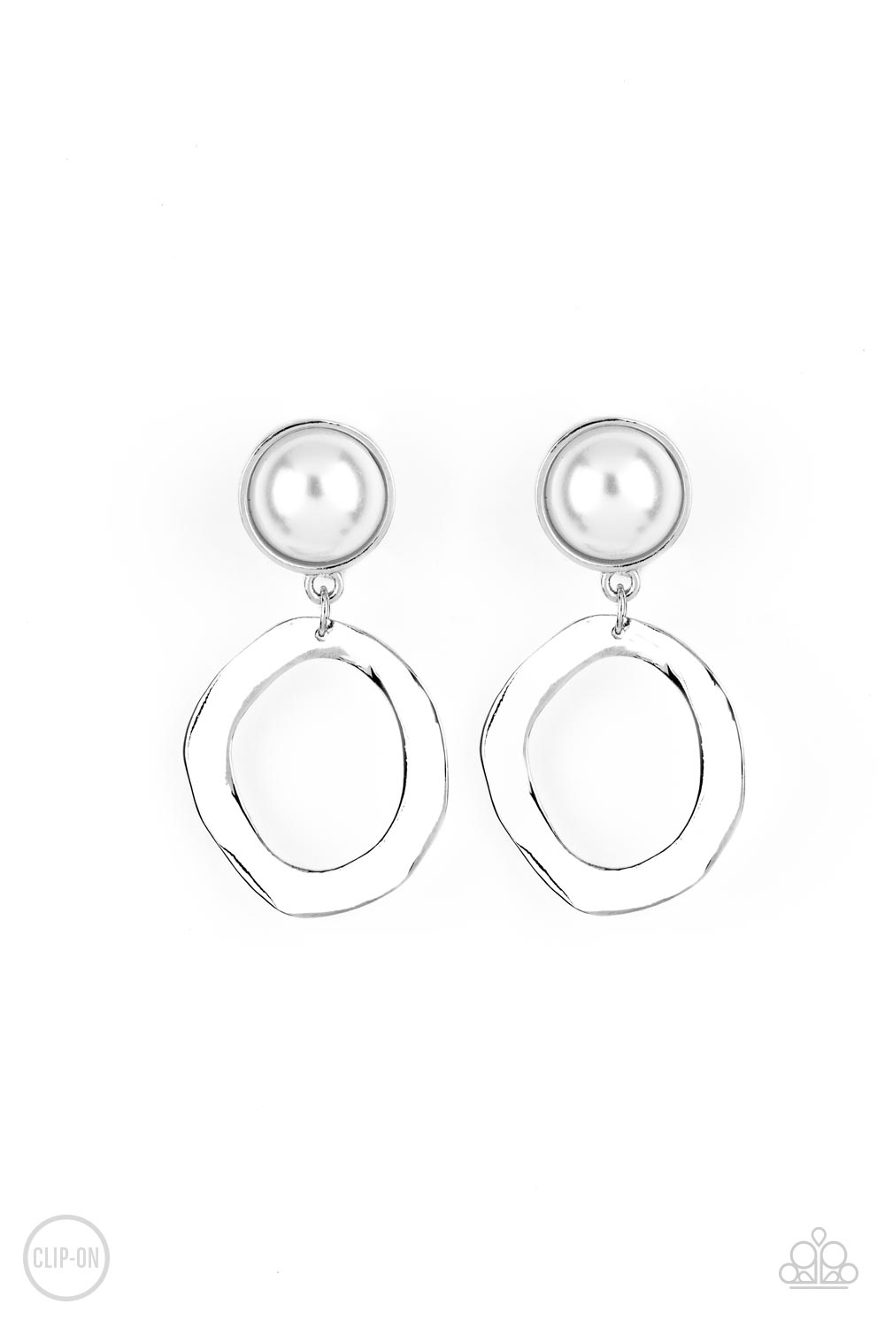 Delicately hammered in light-catching shimmer, an asymmetrical silver hoop swings from the bottom of an oversized pearl-drop fitting for a vintage flair. Earring attaches to a standard clip-on fitting.