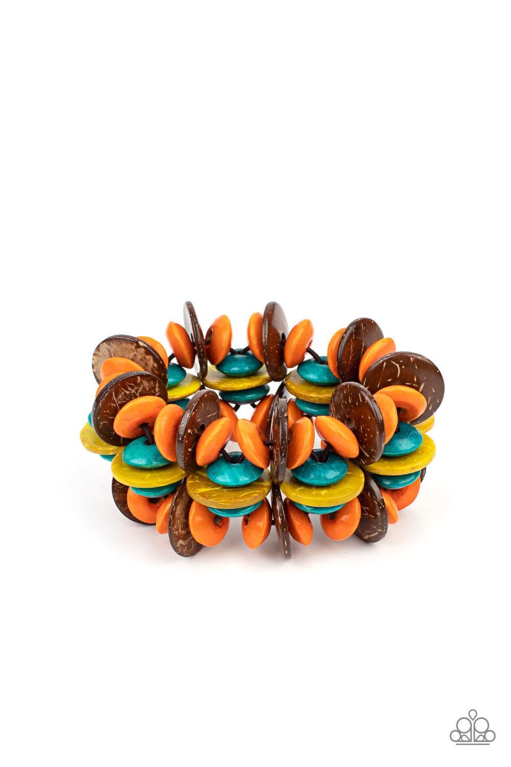 A colorful collection of brown, orange, yellow, and turquoise disc-shaped wooden beads are threaded along stretchy bands creating a tropical island vibe around the wrist.
