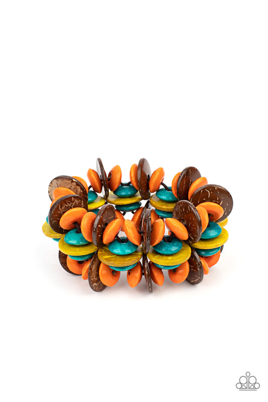 A colorful collection of brown, orange, yellow, and turquoise disc-shaped wooden beads are threaded along stretchy bands creating a tropical island vibe around the wrist.