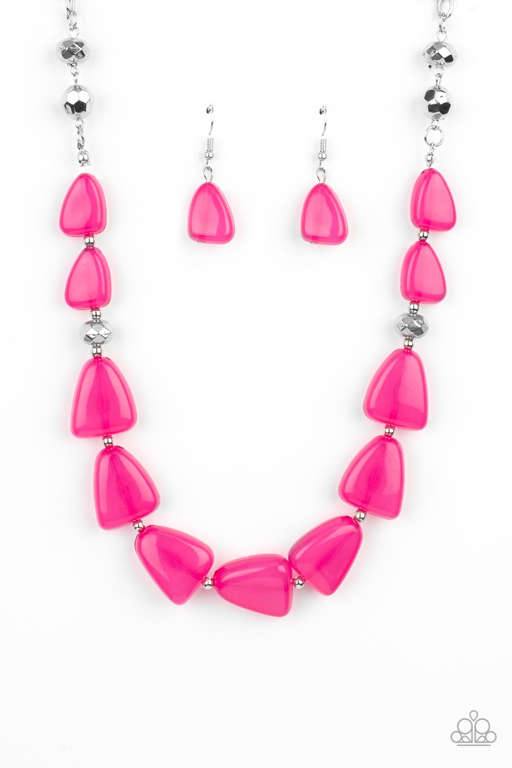 Infused with dainty silver and faceted silver beads, imperfect triangular opaque Fuchsia Fedora beads are threaded along an invisible wire below the collar for a vivacious pop of color. Features an adjustable clasp closure.