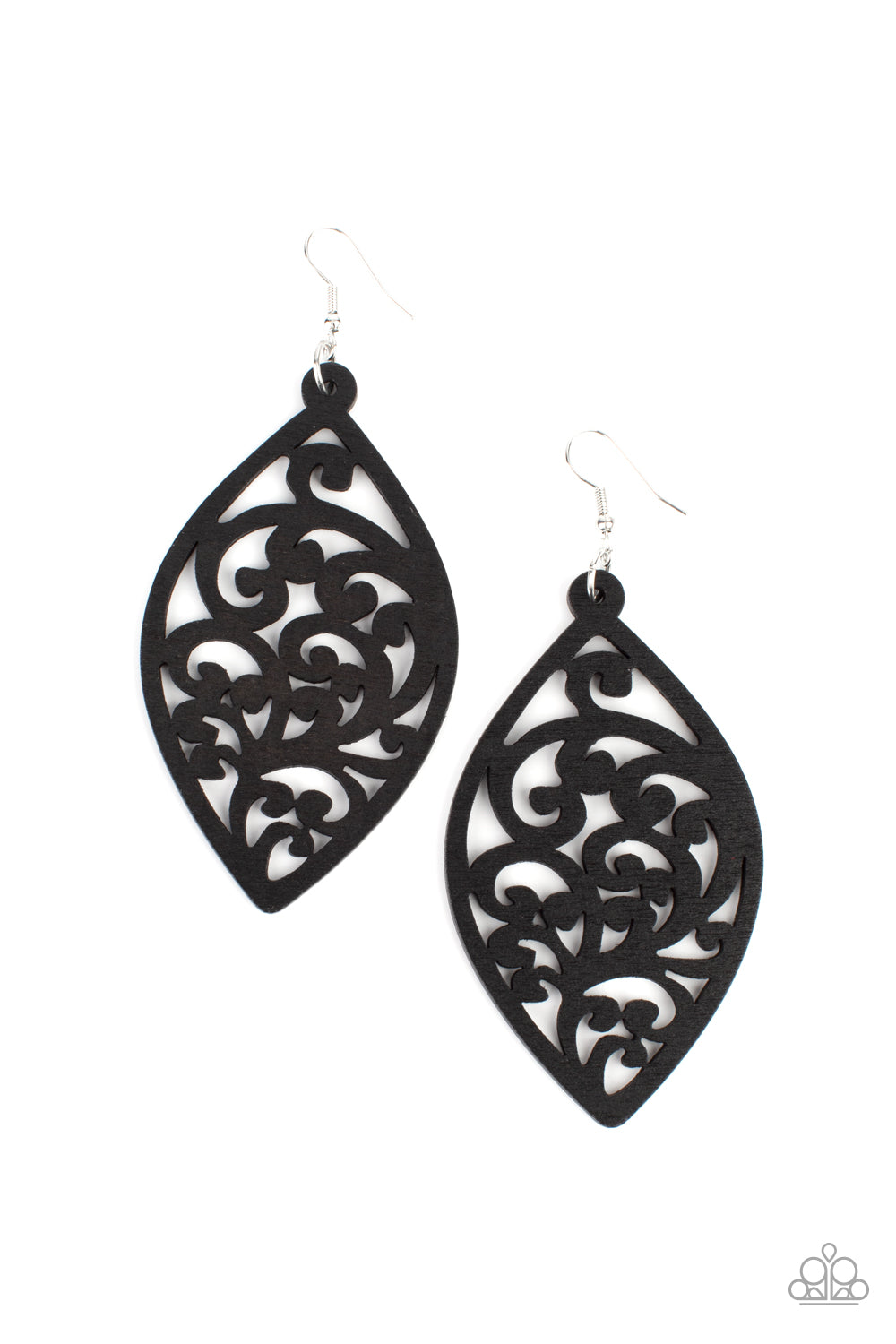 Painted in a shiny black finish, a floral motif permeates an airy oval wooden frame creating a tropical-inspired lure. Earring attaches to a standard fishhook fitting.