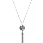 Infused with gunmetal studded fittings, a glittery collection of sparkly white rhinestones coalesce into a dramatic pendant at the bottom of a lengthened gunmetal chain. Capped in a rhinestone dotted frame, a shimmery gunmetal tassel streams out from the blinding pendant for a flirtatious finish. Features an adjustable clasp closure.