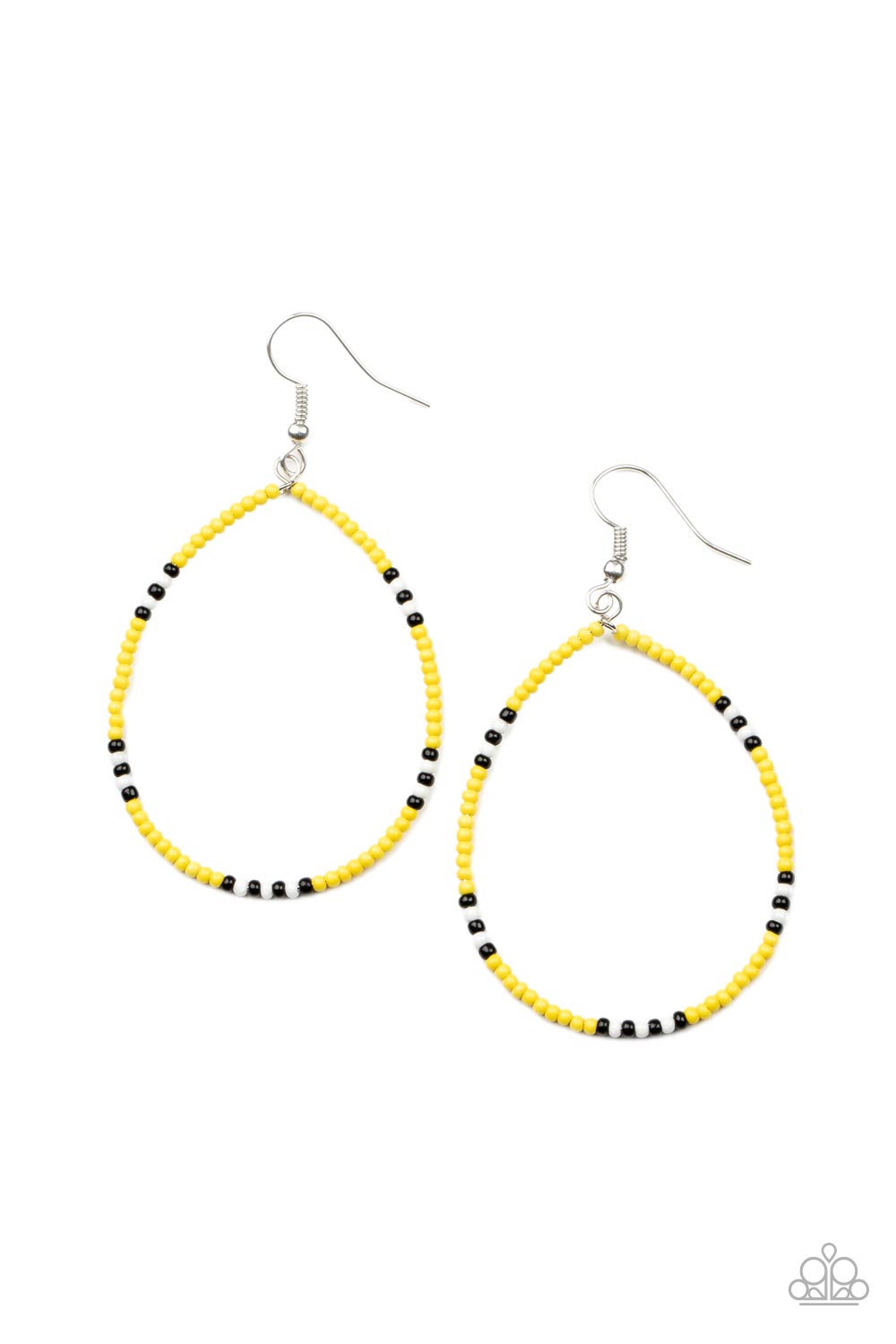 Broken up with sections of black and white seed beads, a dainty collection of Illuminating seed beads are threaded along an invisible wire, creating a colorful teardrop. Earring attaches to a standard fishhook fitting.