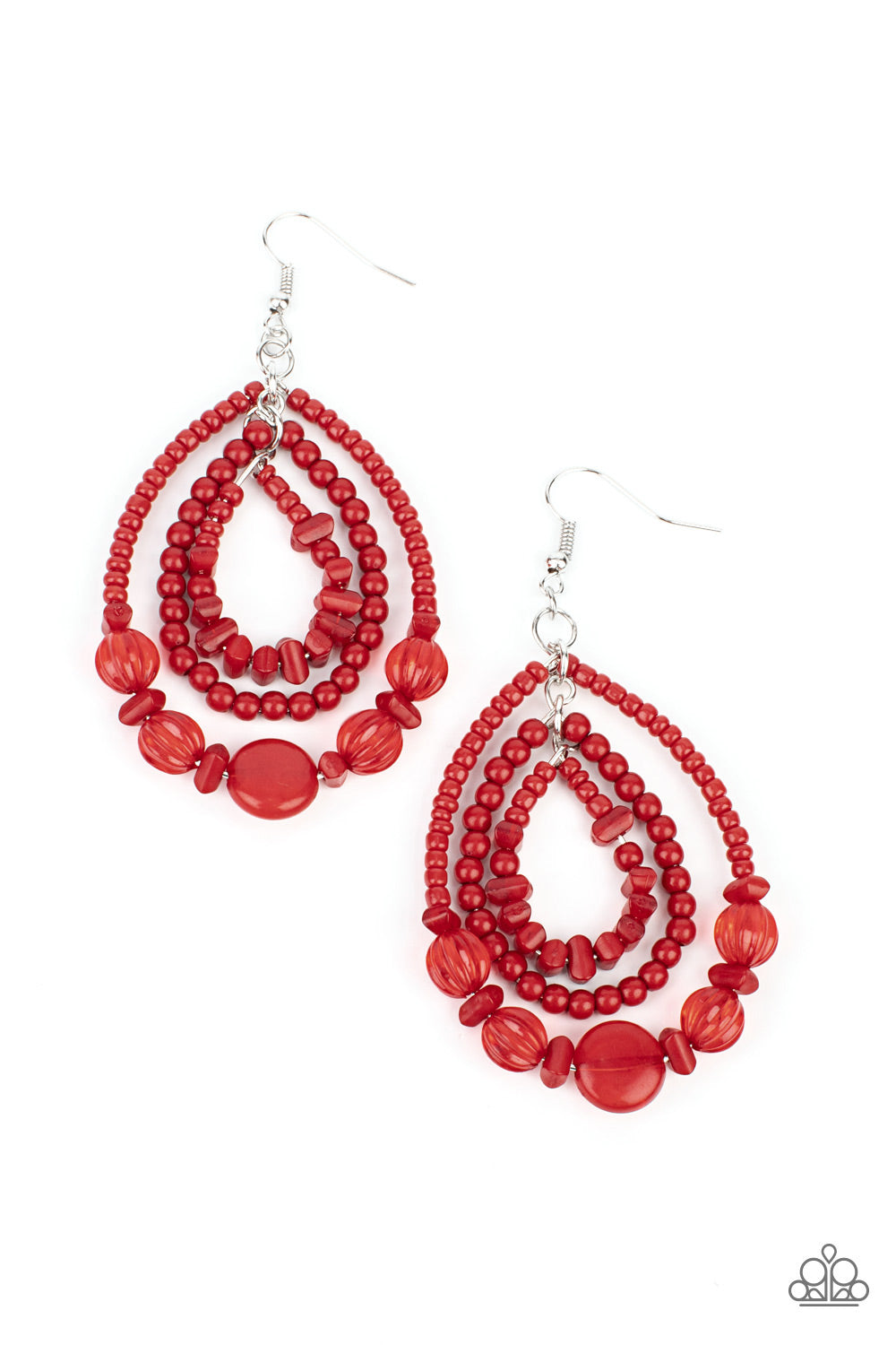 Varying in size and shape, mismatched red stone, seed bead, crystal-like, and faux stone beads are threaded along three dainty wires that connect into a colorful teardrop lure. Earring attaches to a standard fishhook fitting.