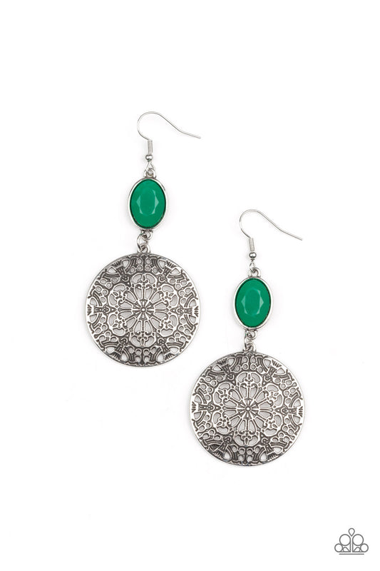 Blossoming with floral filigree, an antiqued silver disc swings from the bottom of a dewy Leprechaun bead for an enchanted fashion. Earring attaches to a standard fishhook fitting.
