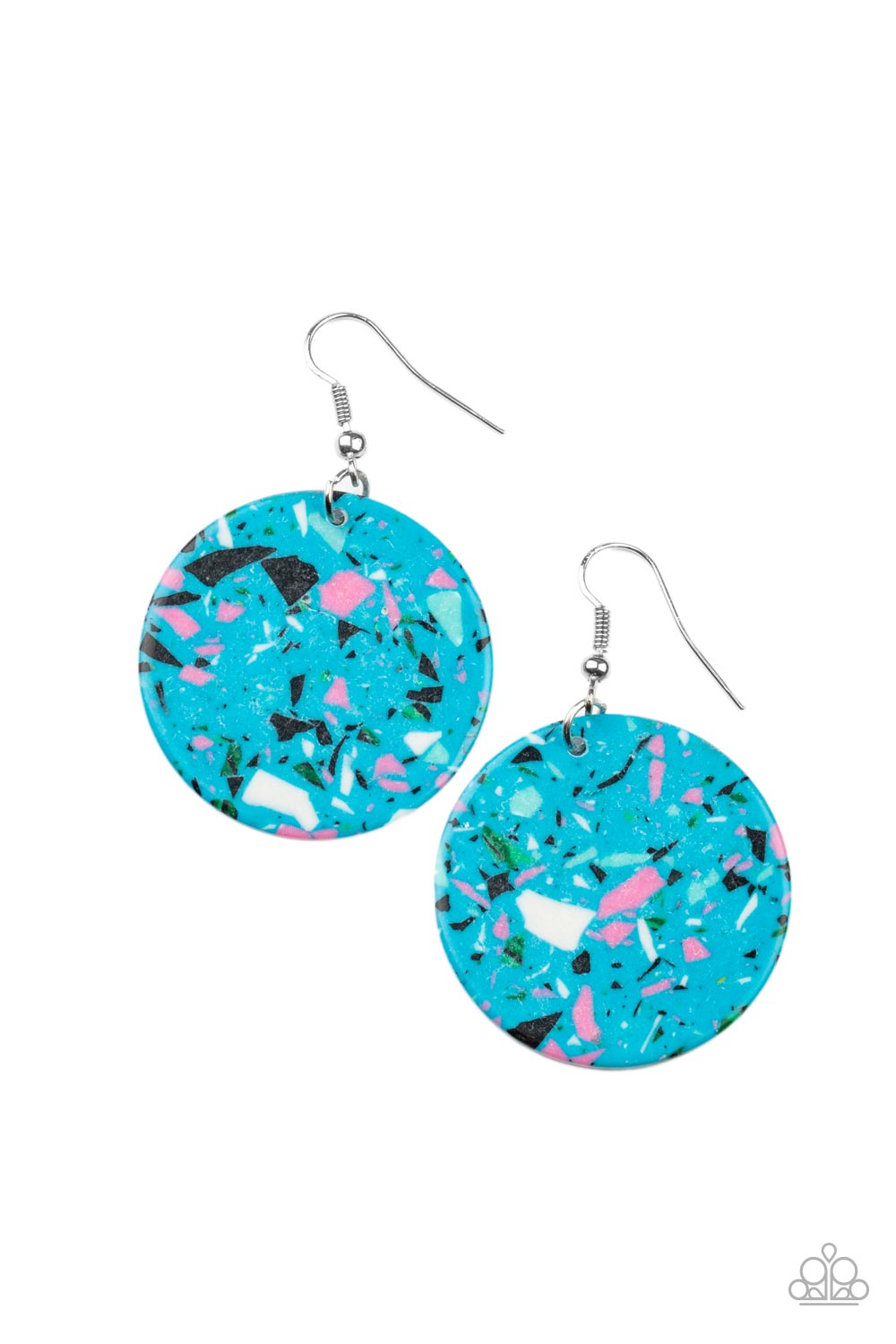 Featuring a colorful terrazzo finish, a faux blue stone disc swings from the ear for a modern look. Earring attaches to a standard fishhook fitting.