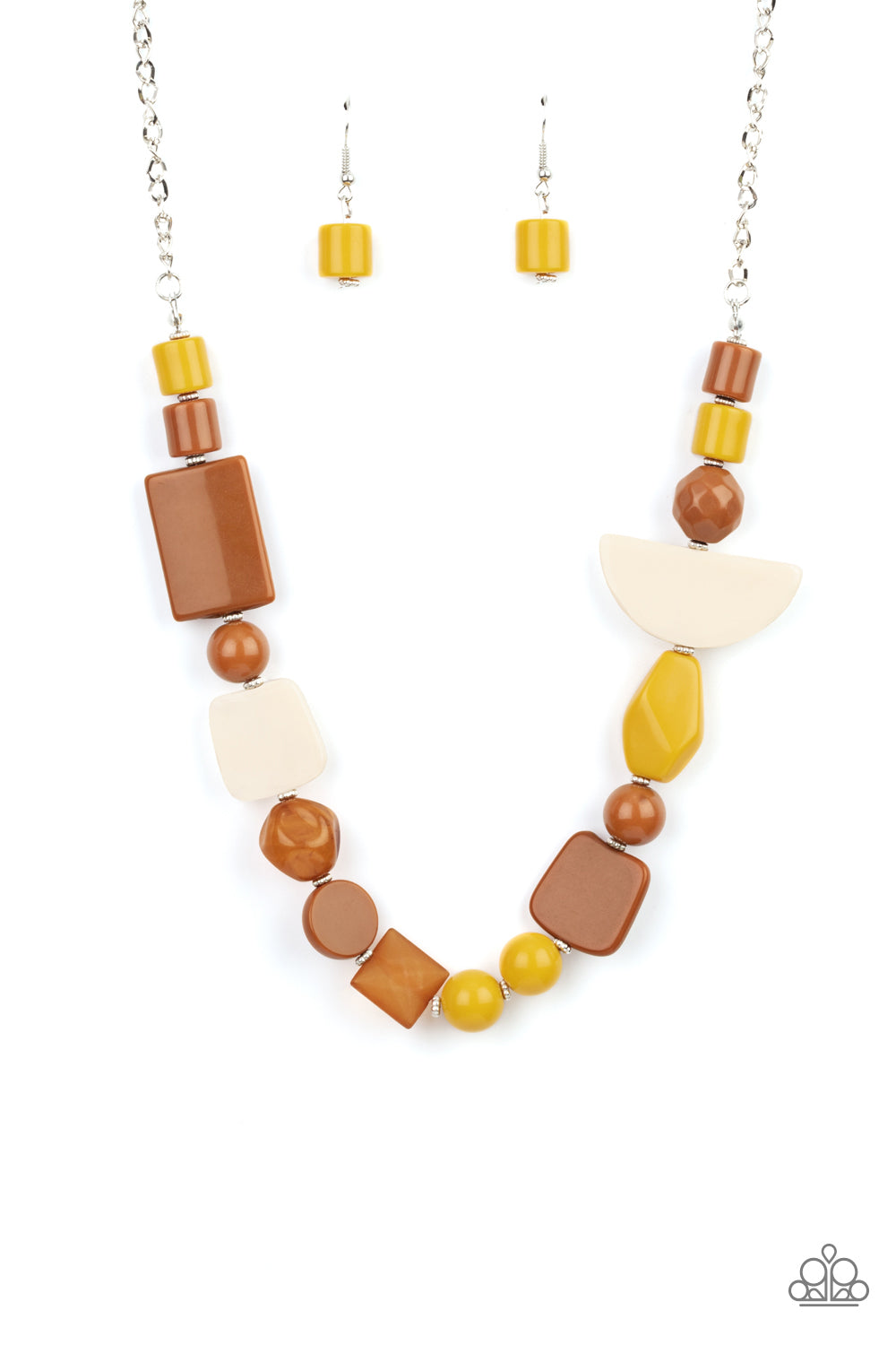 Featuring the rustic hues of Adobe, Mustard, and Soybean, mismatched acrylic and faux rock beads are haphazardly threaded along an invisible wire below the collar for an abstract artisan vibe. Features an adjustable clasp closure.