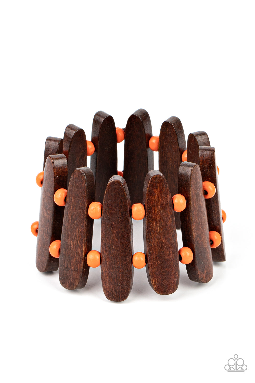 Pairs of Burnt Orange wooden beads and oblong brown wooden frames alternate along stretchy bands around the wrist for a seasonal pop of color.