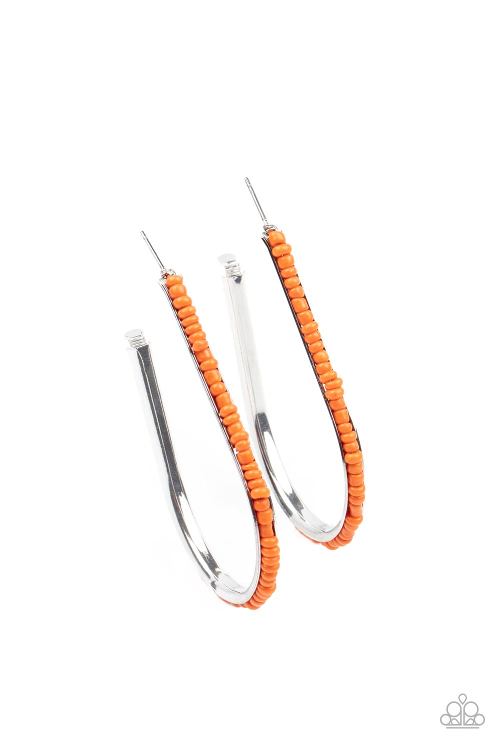 A dainty collection of orange seed beads embellish the beveled spine of a silver hook shaped hoop, creating a trendy pop of color. Hoop measures approximately 1 1/2" in diameter. Earring attaches to a standard post fitting.