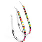 A dainty collection of multicolored seed beads embellish the beveled spine of a silver hook shaped hoop, creating a trendy pop of color. Hoop measures approximately 1 1/2" in diameter. Earring attaches to a standard post fitting.